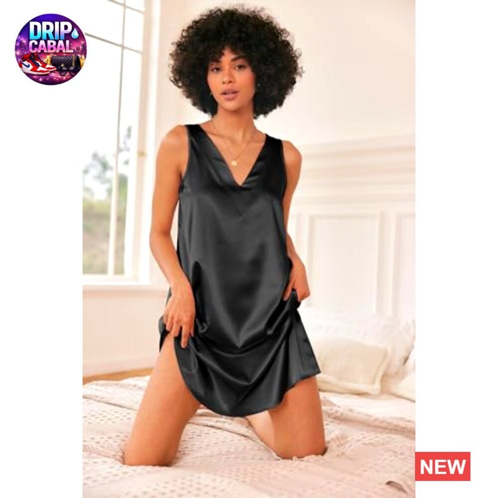 Satin Silk Nightgown V Neck Sleeveless Comfy Loungewear Elegant Minimal Chic - Picture 2 of 7
